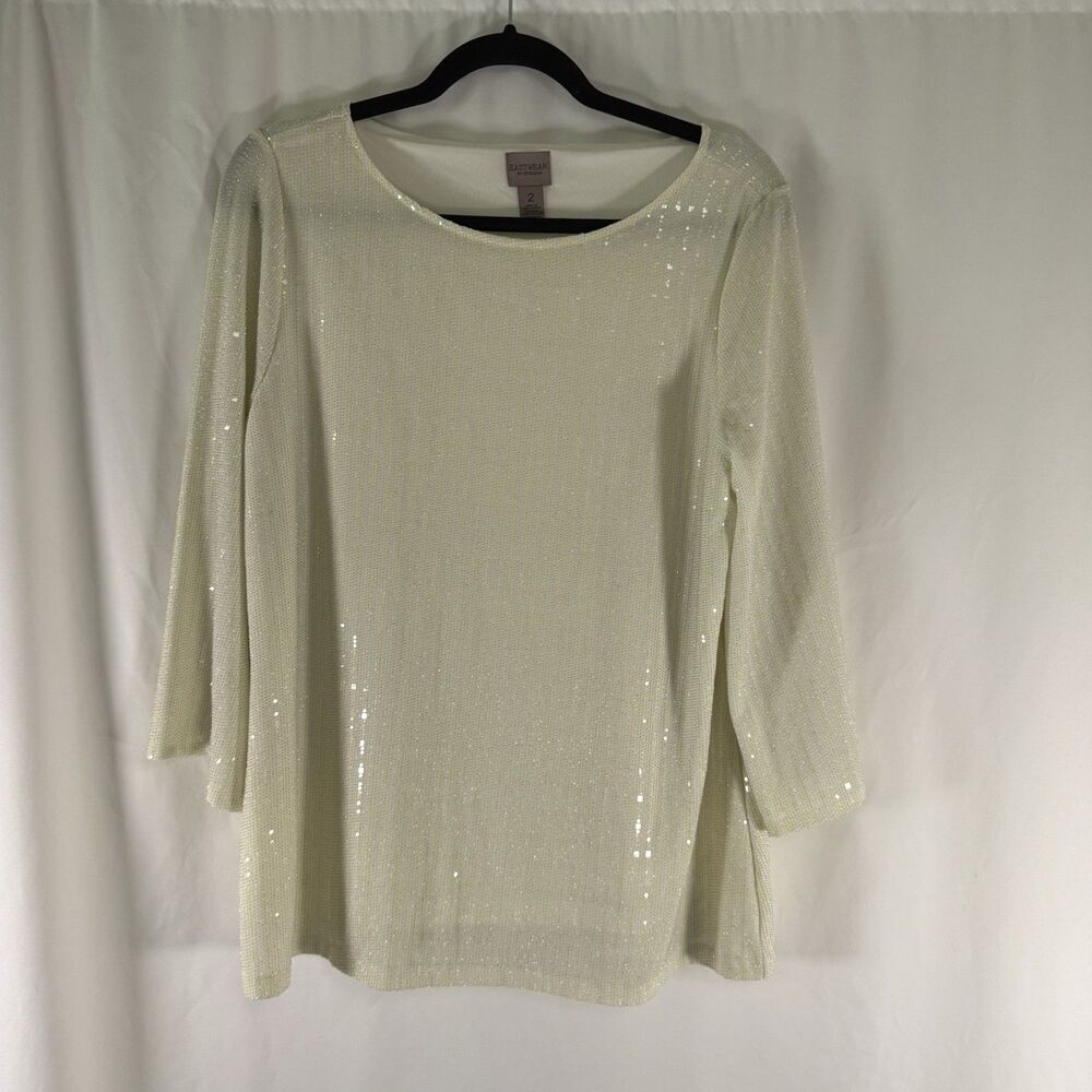 Easywear by Chico's Blouse Women's Large White Yellow Sequin Metallic 3/4 Sleeve